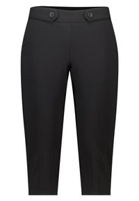 Zwarte cropped broeken van gladde stof, met een platte voorkant, twee knopen op de tailleband en subtiele stikdetails.