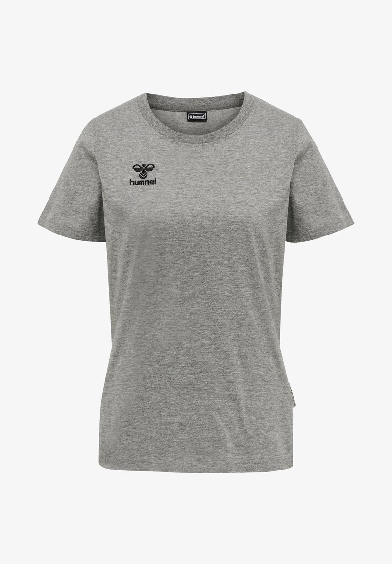 Szara koszulka z krótkim rękawem wykonana z bawełny, z okrągłym dekoltem, subtelną teksturą i czarnym logo na lewej części klatki piersiowej.