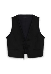Schwarze ärmellose Weste mit V-Ausschnitt, Bindegurt und zwei Fronttaschen; aus einem glatten Stoff mit minimalistischem Design.