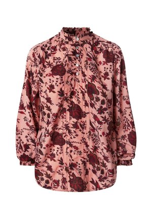 Long-sleeve blouse in light pink with dark floral pattern, ruffled neckline, and front buttons. Made of textured fabric with gathered sleeves.