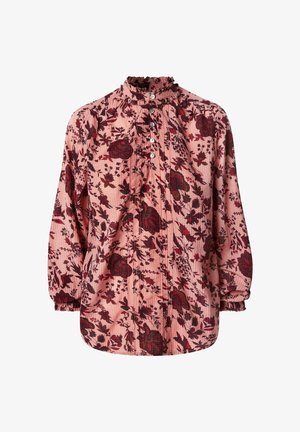 Šviesiai rožinė ilgomis rankovėmis palaidinė su tamsiais gėlių raštais, raukšlėta apykakle ir priekiniais mygtukais. Pagaminta iš tekstūrinio audinio su susiraukšlėmis rankovėmis.