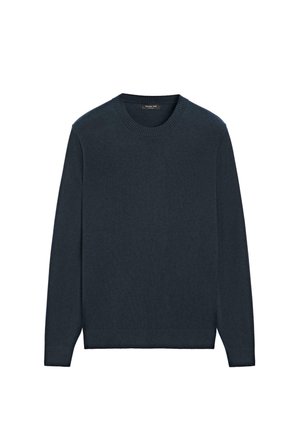 Marineblauwe gebreide trui, ronde hals, lange mouwen, geribbelde boorden aan mouwen en zoom, gladde textuur, zonder patronen of versieringen.