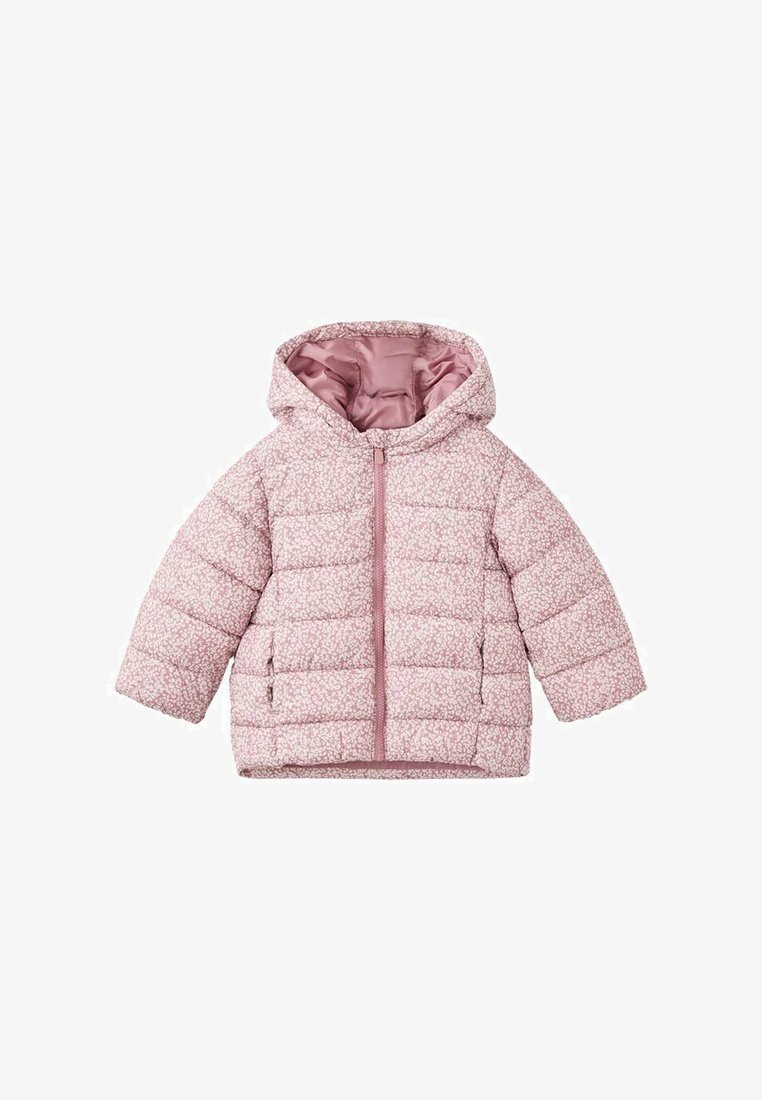 Pink quilted kids' hooded jacket with small floral pattern, front zipper, and side pockets, insulated for cold weather.