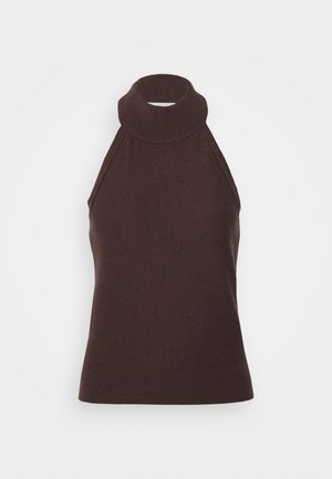 Bruine mouwloze top met een hoge hals, geribbelde textuur en halterontwerp. Gemaakt van zachte stof, met een aangesloten silhouet en effen kleur.