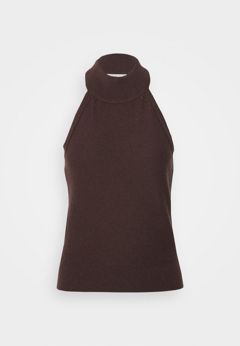Brun ærmeløs top med høj hals, ribbet tekstur og halterneck-design. Fremstillet af blødt stof, med en tætsiddende silhuet og ensfarvet.