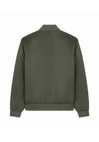 Giacca bomber verde militare con finitura liscia, colletto e polsini a costine e vita elastica. Design semplice senza decorazioni.
