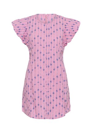 Vestido corto de manga corta rosa con un patrón de rayas verticales florales azules y cierre con cremallera en la parte trasera.