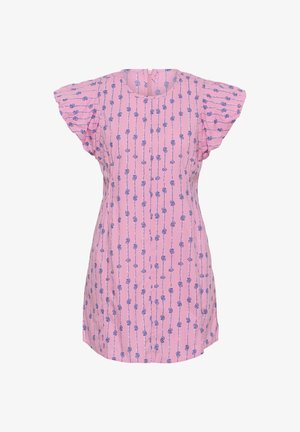 Różowa sukienka z krótkim rękawem w pionowy wzór niebieskich kwiatów, zapinana z tyłu na zamek.