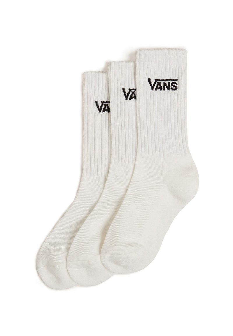 Tři páry bílých bavlněných ponožek s ribkovou texturou, s černým logem "VANS" v oblasti manžety. Klasický design v délce crew.