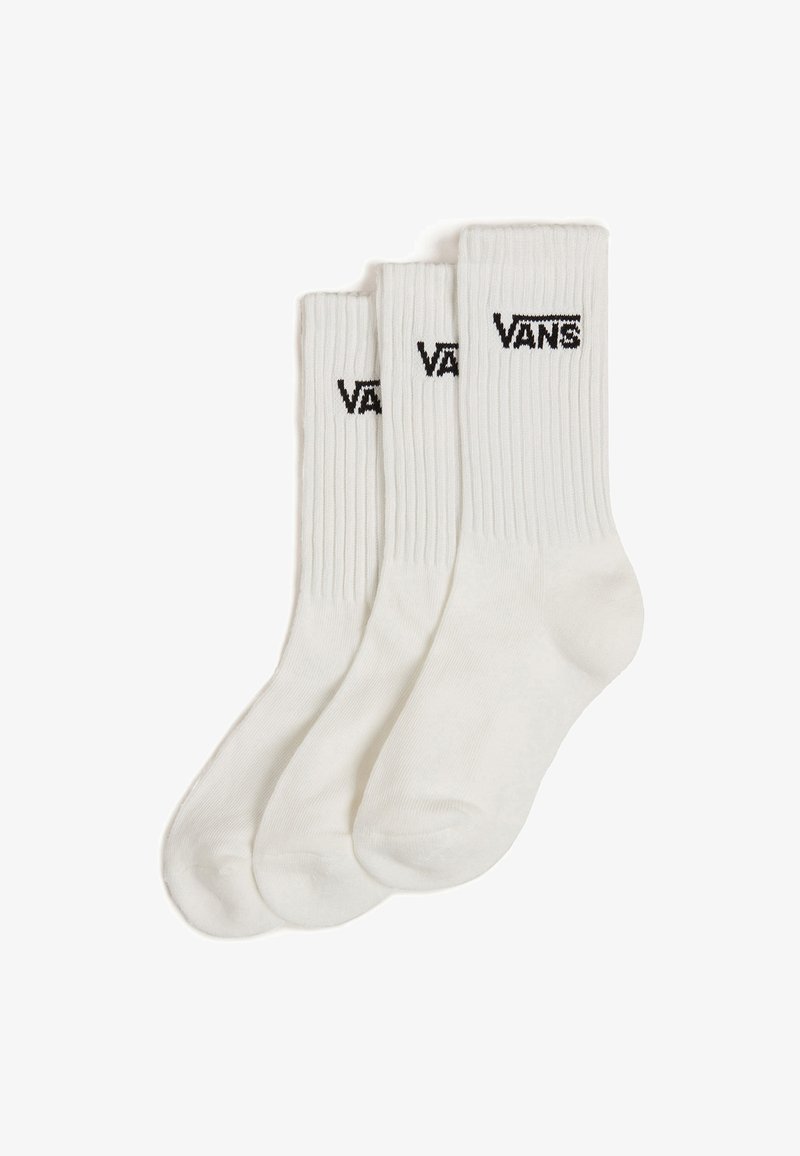 Tre paia di calzini bianchi in cotone con texture a coste, con il logo nero "VANS" nell'area del polsino. Design classico alla caviglia.