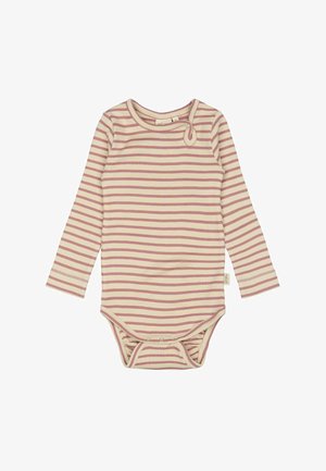 Gara piedurkne strīpainā bodijs pamatā gaiši bēšā krāsā ar rozā un violetām svītrām, ribota tekstūra un pogu aizdare apakšā.