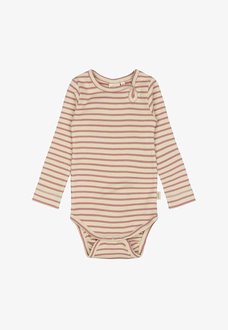Bodysuit z dolgimi rokavi s črtami v svetlo bež barvi s pink in vijoličnimi črtami, rebrasto teksturo in gumbi na dnu.
