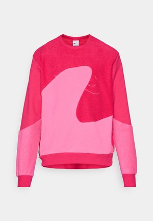 Fleece sweatshirt in vibrant pink shades, featuring abstract lighter pink shapes, ribbed cuffs and hem, and a crew neckline.
