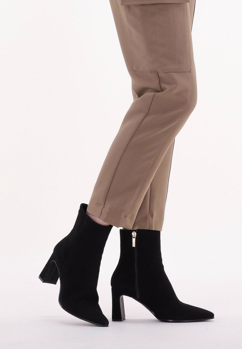 Schwarze Samt-Ankle Boots mit einer spitzen Zehenform und einem metallischen Reißverschlussdetail. Der Absatz ist blockförmig und etwa 7 cm hoch.