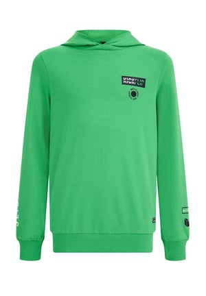 Lysegrøn hættetrøje med sorte og hvide tekstlogoer på bryst og ærmer, ribstrikkede manchetter og kant.
