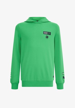 Jasnozielona bluza z kapturem z czarnymi i białymi napisami na piersi i rękawach, z prążkowanymi mankietami i krawędzią.