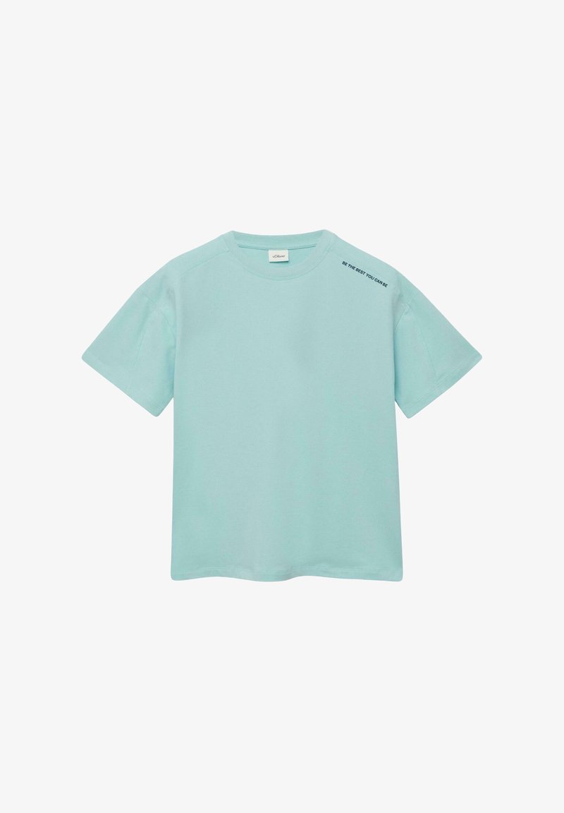 T-shirt bleu clair à manches courtes avec col rond et petit texte noir "SOIS LE MEILLEUR QUE TU PUISSES ÊTRE" près de l'épaule droite.