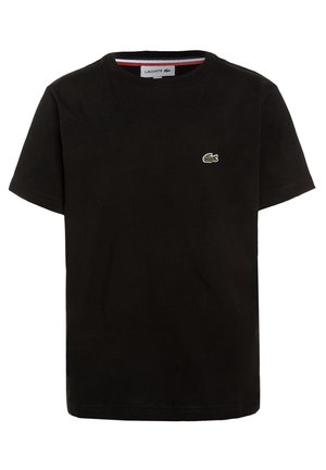 T-shirt noir à manches courtes avec col rond et petit logo crocodile vert Lacoste sur le côté gauche de la poitrine.