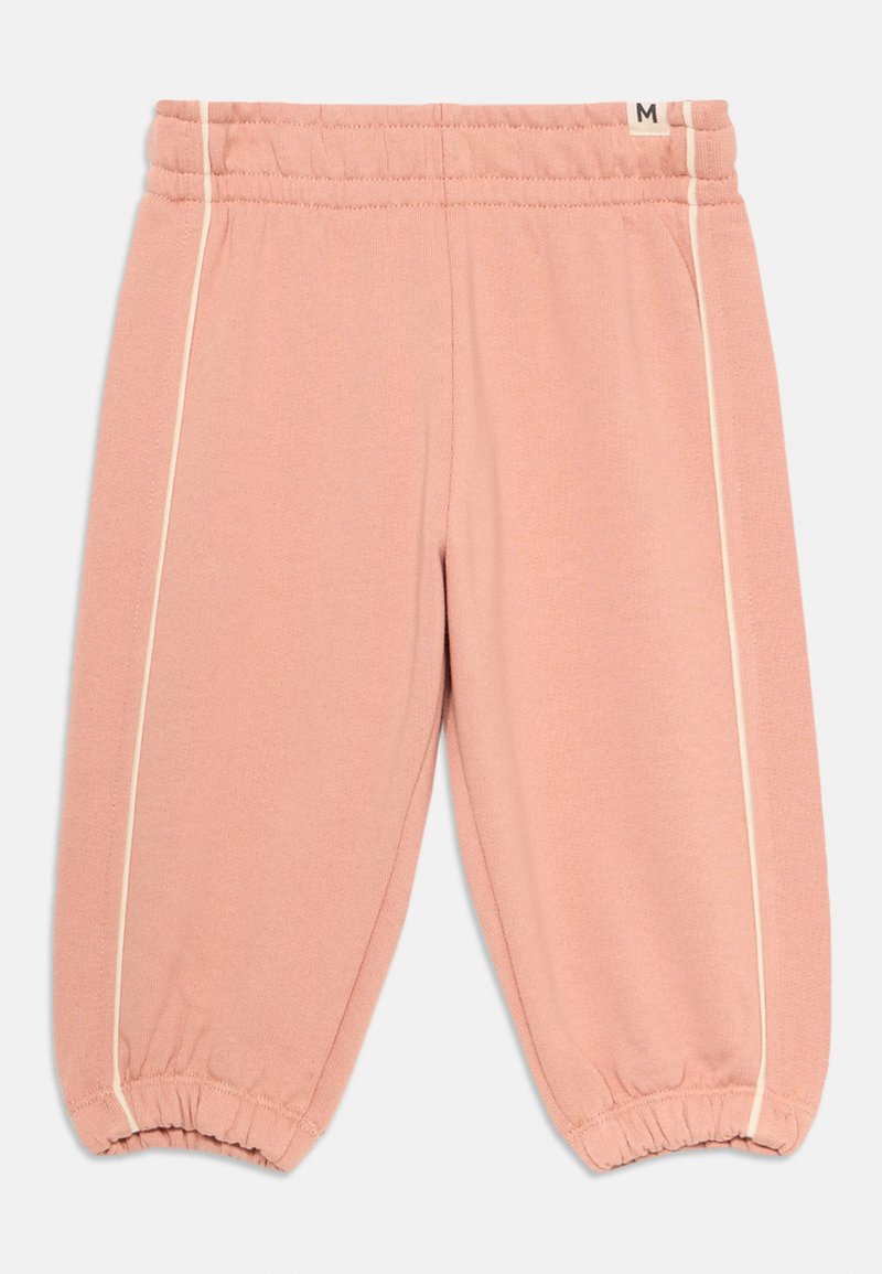 Rozā sporta bikses, kas izgatavotas no mīkstas auduma, ar elastīgu jostu, elastīgiem manšetes un krēmbaltiem ieliktņiem malās. Redzama izmēra birka.