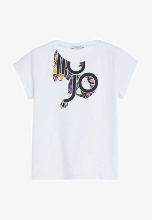 White short-sleeve T-shirt featuring a black and colorful floral graphic design of the brand name "Liu Jo" on the front.