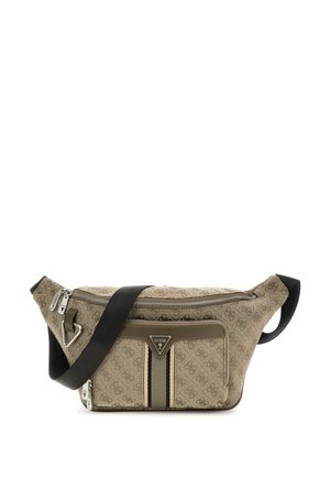 Taschenfanny pack aus beigem Stoff mit einem gemusterten Design, zwei Reißverschlussfächern, schwarzem Gurt, grünen Akzenten und einem silbernen Logo-Detail.