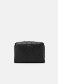 Borsa cosmetica nera con zip, con un motivo floreale testurizzato in rilievo, logo dorato e forma rettangolare. Realizzata in materiale sintetico.