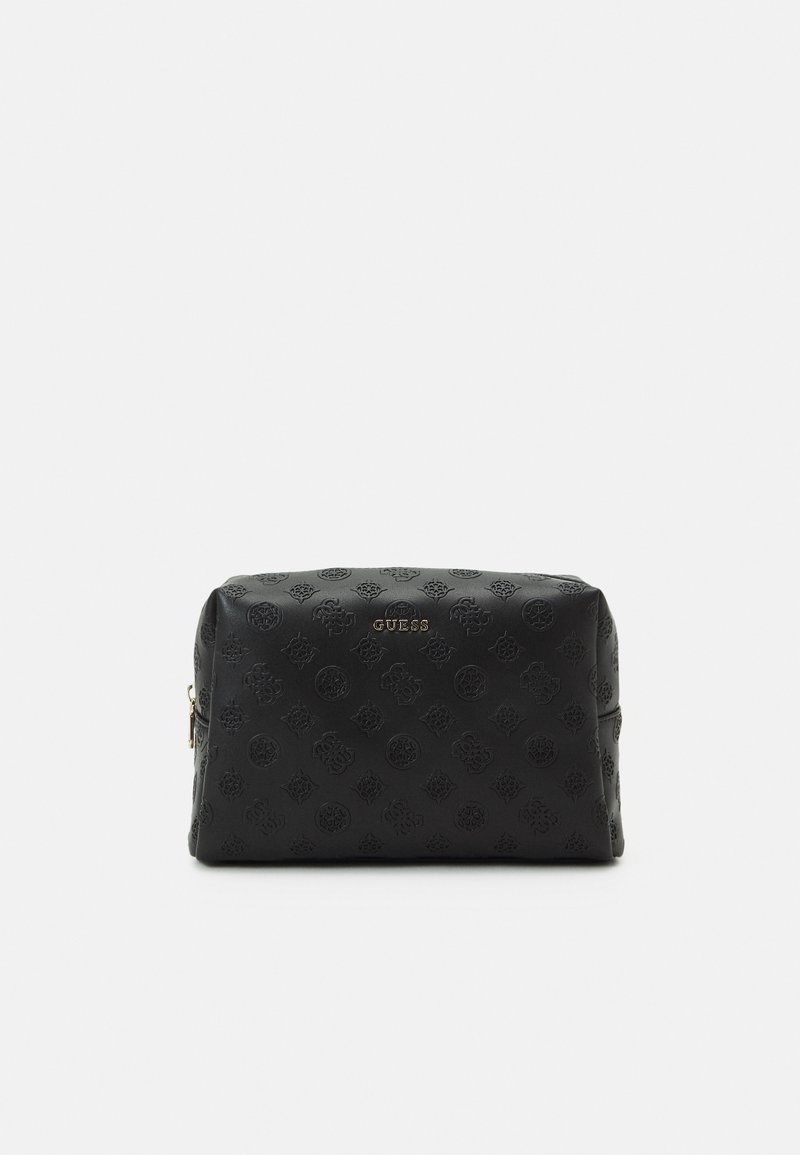Borsa cosmetica nera con zip, con un motivo floreale testurizzato in rilievo, logo dorato e forma rettangolare. Realizzata in materiale sintetico.
