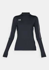 Black long-sleeve athletic top with a mock neck, featuring white side stripes and a small logo on the upper left chest. Soft, stretchy fabric.