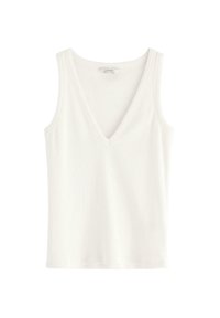 Hvid bomulds tanktop med V-udskæring, ærmeløst design og en glat, let struktureret stof. Lige kant forneden.