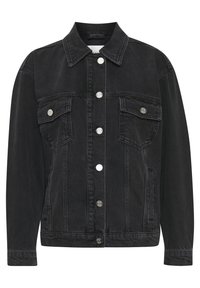 Black denim jacket featuring a classic collar, front button closure, and two chest pockets. Finished with silver-tone hardware and a relaxed fit.