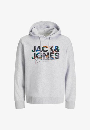 Heled halli kapuutsviit, mis on valmistatud pehmest kangast, sisaldab nööriga kapuutsi ja esiosas on mitmevärviline trükiga logo: "JACK & JONES Essentials."
