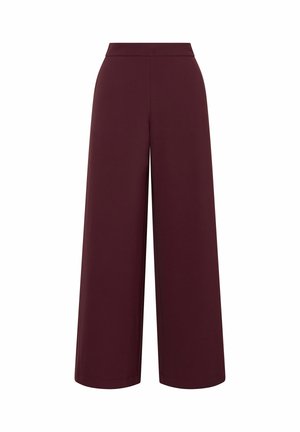 Pantalon large bordeaux taille haute, confectionné dans un tissu doux. Présente des lignes épurées sans attaches ni ornements visibles.