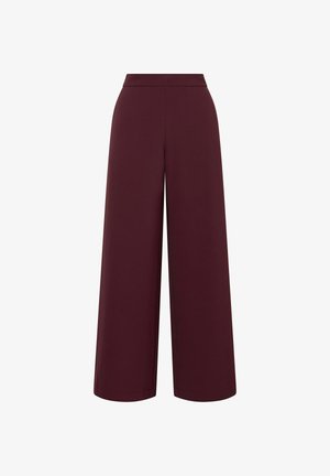 Pantalon large bordeaux taille haute, confectionné dans un tissu doux. Présente des lignes épurées sans attaches ni ornements visibles.