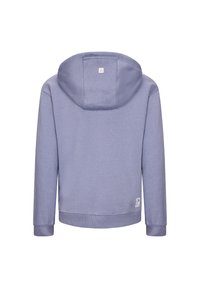 Felpa con cappuccio di un leggero colore viola, con polsini e orlo a costine. Presenta un'etichetta sul retro e un tessuto morbido e testurizzato. Design semplice e minimalista.