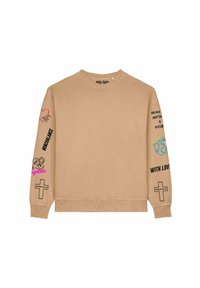 Felpa beige con maniche lunghe. Presenta grafiche stampate in nero, rosa e blu, inclusi testi e simboli sulle maniche.