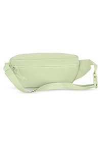 Light green, fabric fanny pack with an adjustable strap, zippered pocket, and a smooth texture. Rounded shape with a minimalist design.