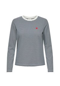 Gestreepte blouse met lange mouwen in marineblauw en wit, met een ronde halslijn en een klein rood hartlogo op de borst. Zachte katoenstof.