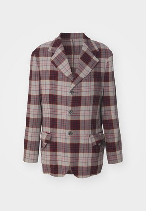 Karierter Blazer in Grau, Rot und Marineblau mit Reverskragen, Drei-Knopf-Front und zwei Seitentaschen. Aus strukturiertem Stoff hergestellt.