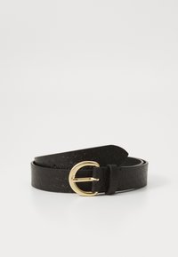 Black embossed leather belt featuring a round gold buckle. The design includes subtle patterns and smooth texture.