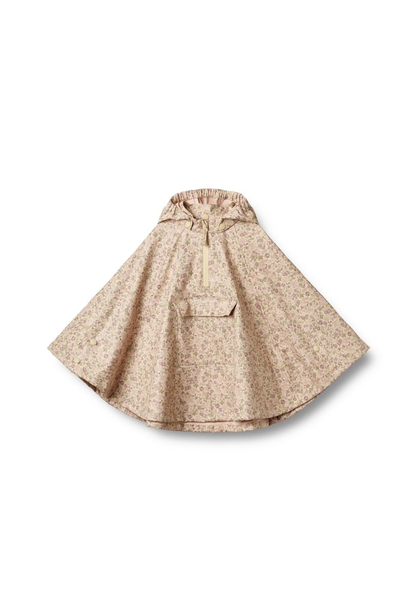 Blommönstrad cape i mjuka rosa toner, med huva, elastisk halsringning och framficka. Slät tygtextur, lös passform.