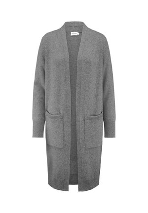 Grauer langer Cardigan aus weichem Strickstoff, mit offenem Vorderteil, langen Ärmeln und zwei vorderen Taschen. Einfaches Design mit gerippten Akzenten.