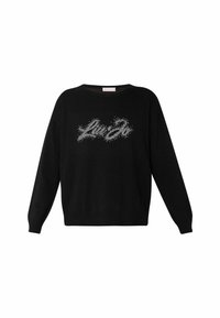 Maglione nero con maniche lunghe, caratterizzato da un design grafico arricchito da strass sul davanti. Tessuto morbido, vestibilità rilassata. Nessun motivo particolarmente evidente.