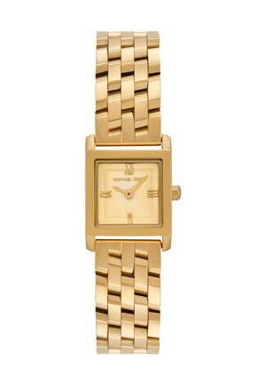 Montre-bracelet rectangulaire ton or avec bracelet à maillons, chiffres romains aux positions 12, 3, 6 et 9, et cadran texturé.