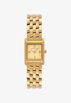 Gold-tone rectangular wristwatch with linked bracelet, Roman numeral markers at 12, 3, 6, and 9, and textured dial.