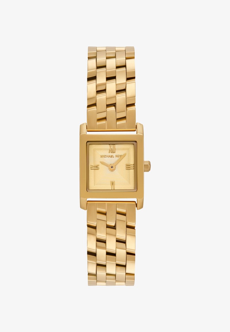 Orologio da polso rettangolare color oro con cinturino a maglie, numeri romani alle ore 12, 3, 6 e 9 e quadrante testurizzato.