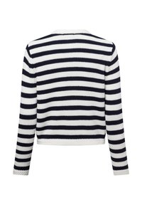 Marineblauw en witte gestreepte trui, geribbelde textuur, ronde hals, lange mouwen, cropped lengte met gevlochten zoom onderaan.