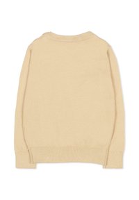 Pull en tricot beige avec un col rond, des poignets et un ourlet côtelés. Texture douce. Présente un design classique et une coupe décontractée.