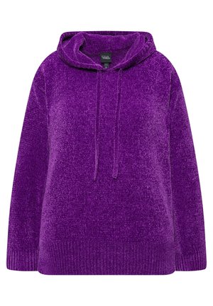 Purple plush hoodie with a drawstring hood, ribbed cuffs and hem, and a textured surface for warmth and comfort.