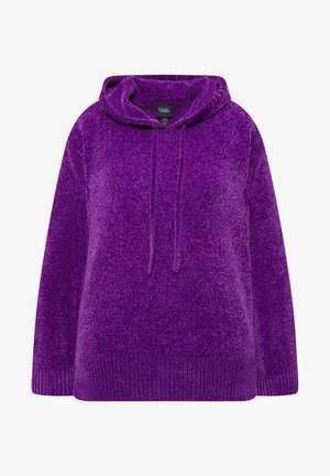 Purple plush hoodie with a drawstring hood, ribbed cuffs and hem, and a textured surface for warmth and comfort.