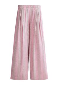 Wijde broek met roze en witte verticale strepen en een elastische tailleband, geplooid aan de voorkant voor extra volume.